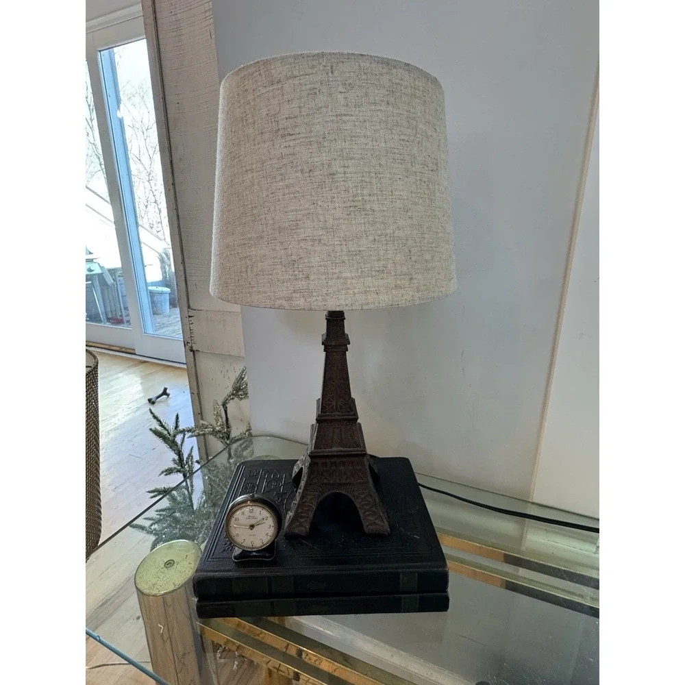 Eiffel Tower Lamp Base Metal 14.5in With‎ Linen Cream/tan Shade GW993